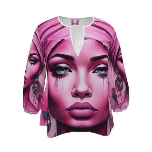 R&RH Her Eyes Pink Designer Womens Blouse with rounded neckline and 3/4 sleeves