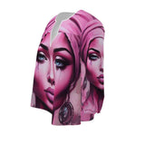 Pink women's blouse with 'Her Eyes' print, rounded slot neckline and 3/4 elasticated sleeves — product detail