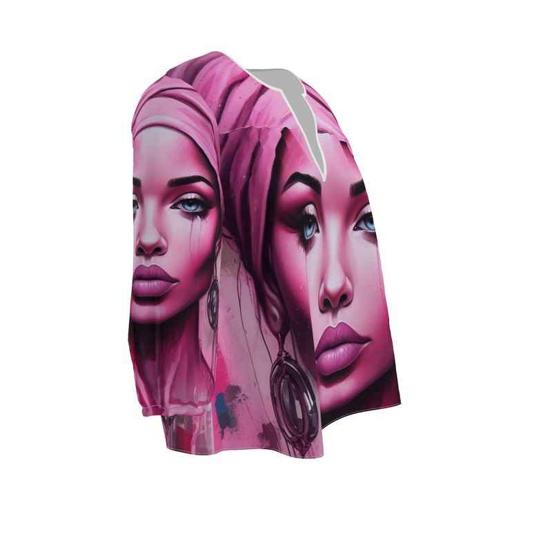 Pink women's blouse with 'Her Eyes' print, rounded slot neckline and 3/4 elasticated sleeves — side view