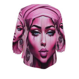 Pink women's blouse with 'Her Eyes' print, rounded slot neckline and 3/4 elasticated sleeves — rear view