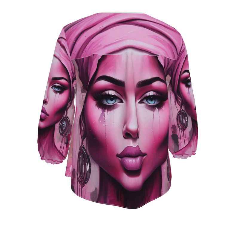 Pink women's blouse with 'Her Eyes' print, rounded slot neckline and 3/4 elasticated sleeves — rear view