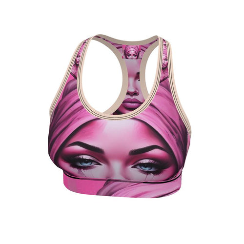 R&RH 'Her Eyes' pink designer sports bra made from Flex Lycra fabric