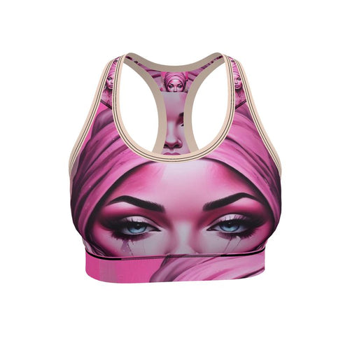 R&RH 'Her Eyes' pink designer sports bra made from Flex Lycra fabric