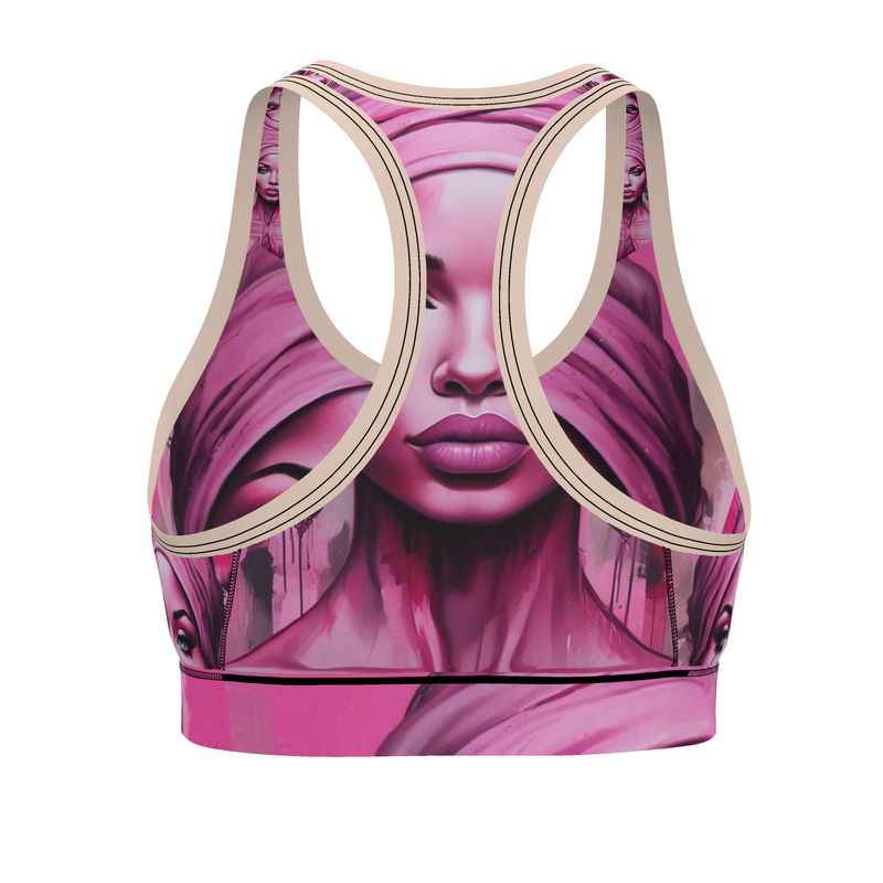 Pink sports bra in Flex Sport Lycra with wide-size range and compression support — product detail