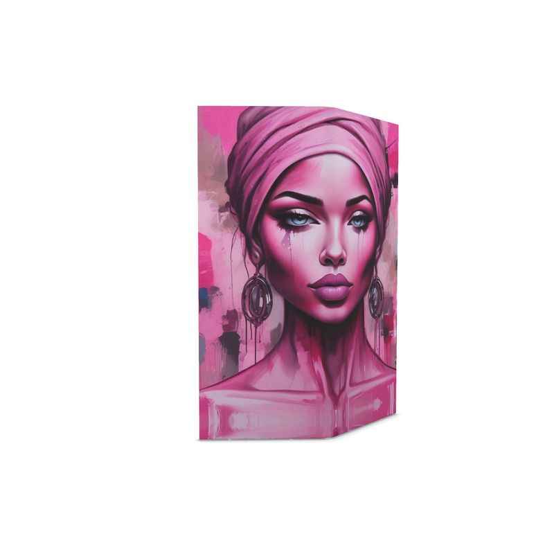 Pink folding screen with canvas panels and nickel rivet details