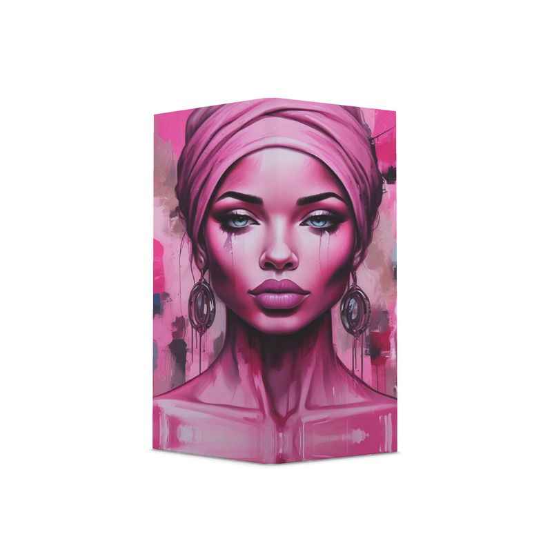 Pink folding screen with canvas panels and nickel rivet details — alternate view