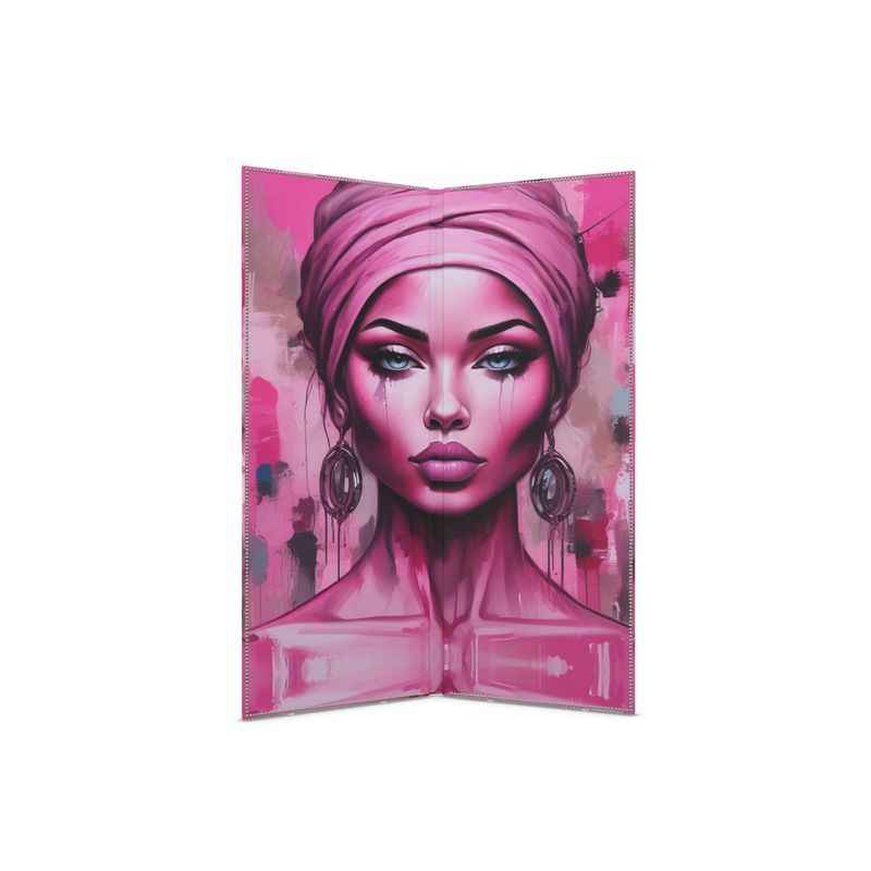 Pink folding screen with canvas panels and nickel rivet details — product detail