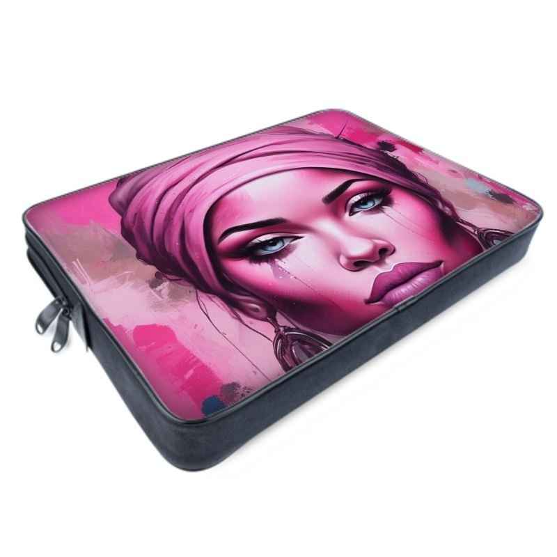 Pink neoprene laptop bag with black piping and chunky zip — alternate view