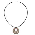 Pink Destiny wooden pendant necklace with organic shapes on black faux suede cord