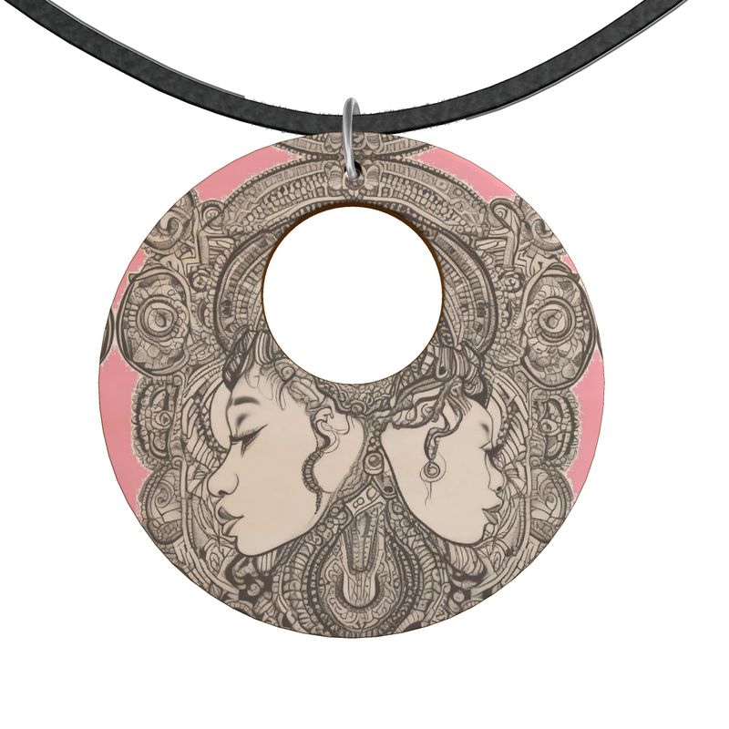 Pink Destiny wooden pendant necklace with organic shapes on black faux suede cord