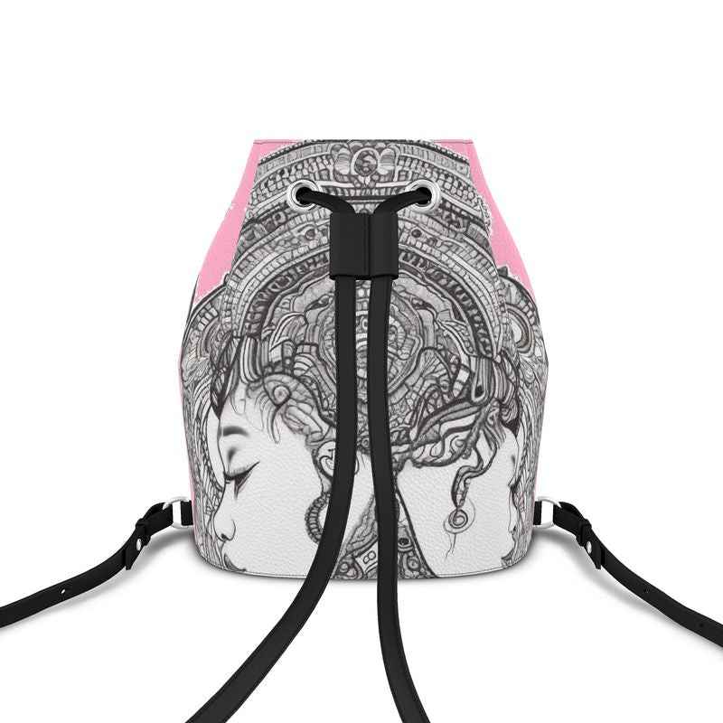 Small pink Nappa leather bucket backpack with magnetic closure and adjustable straps — side view