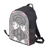 Pink printed backpack with leather accents, padded canvas body and top handle, fits up to 17-inch laptop — alternate view