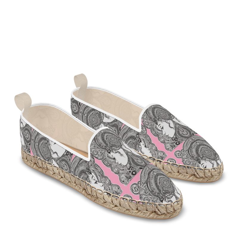Rich and Rich Pink Destiny designer loafer espadrilles with pink canvas and natural jute sole