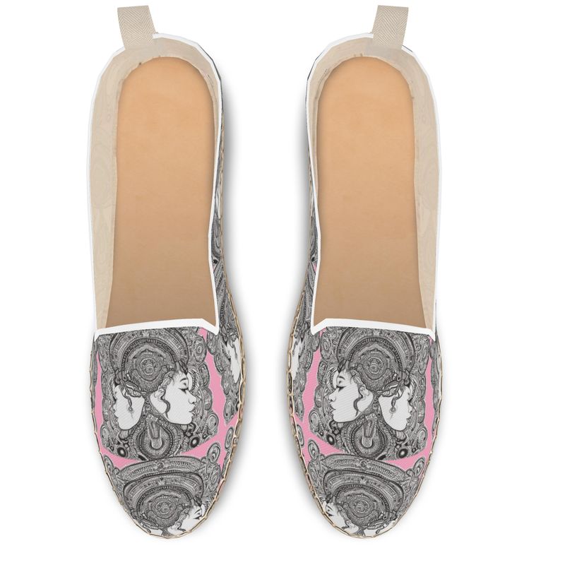 Rich and Rich Pink Destiny designer loafer espadrilles with pink canvas and natural jute sole