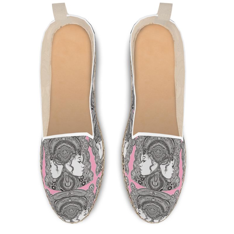 Rich and Rich Pink Destiny designer loafer espadrilles with pink canvas and natural jute sole