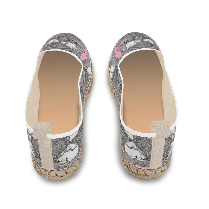 Rich and Rich Pink Destiny designer loafer espadrilles with pink canvas and natural jute sole