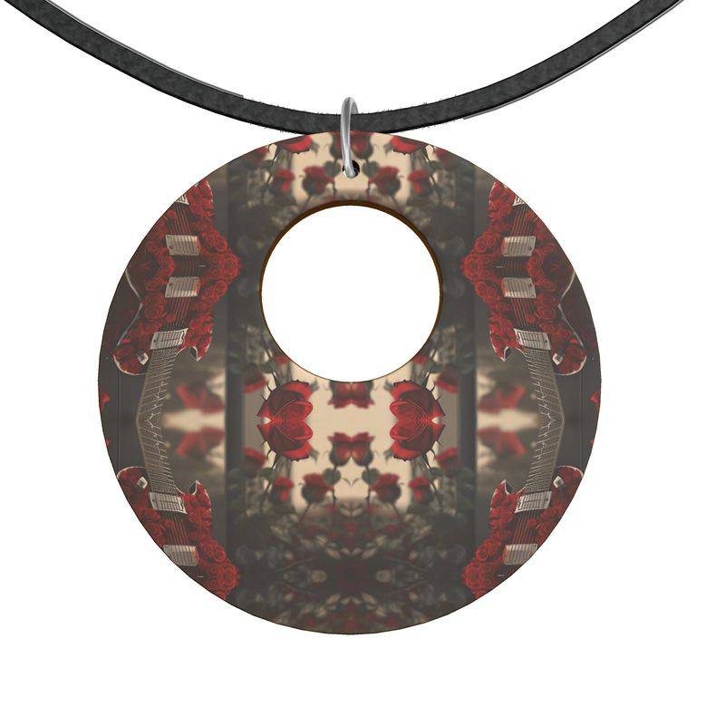 Red abstract organic shaped wooden pendant necklace with black suede cord and sterling silver clasp