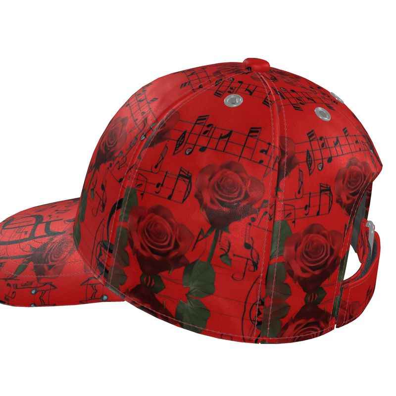 Red unisex baseball cap with musical notes and red roses print, curved peak and adjustable fit — additional view 7