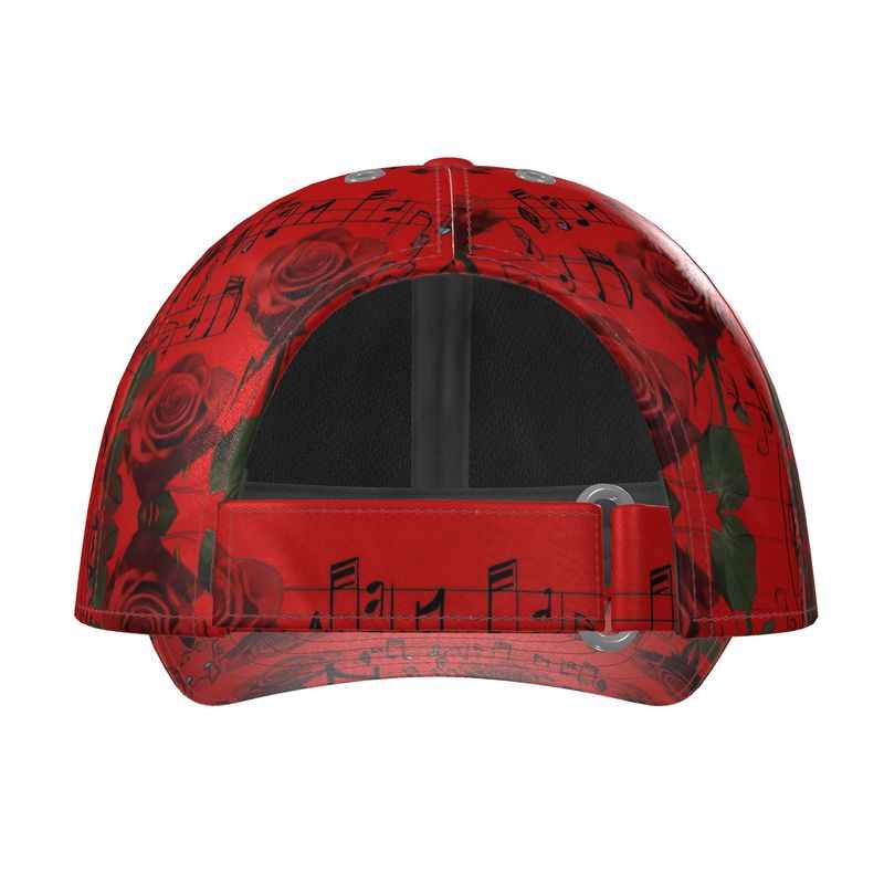 Red unisex baseball cap with musical notes and red roses print, curved peak and adjustable fit — additional view 10