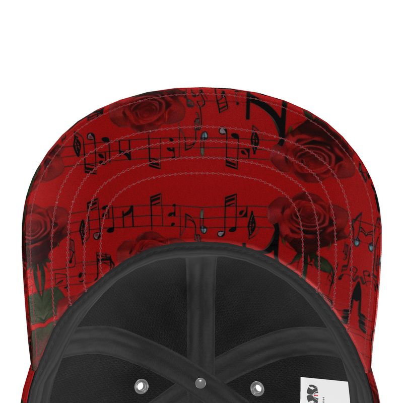 R&RH Musical Lyrics Unisex Red Baseball Cap with adjustable strap and musical design
