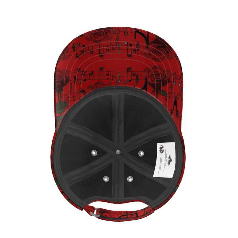 Red unisex baseball cap with musical notes and red roses print, curved peak and adjustable fit — additional view 14