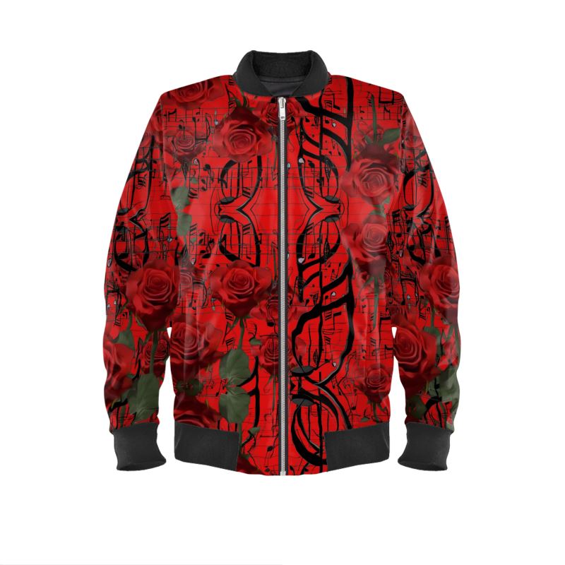 R&RH Mens Red Bomber Jacket featuring musical lyrics print