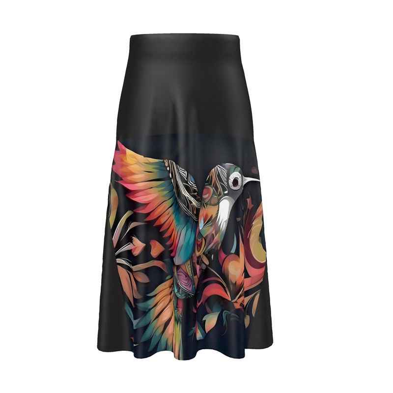 Black A-line midi skirt with Birdsong print and elastic high waist, soft drape
