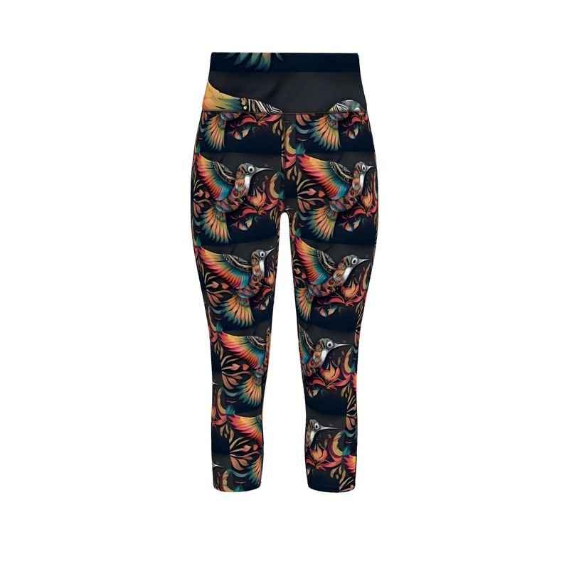 Black leggings with all-over bird print on Flex Sport Lycra, fitted athletic style