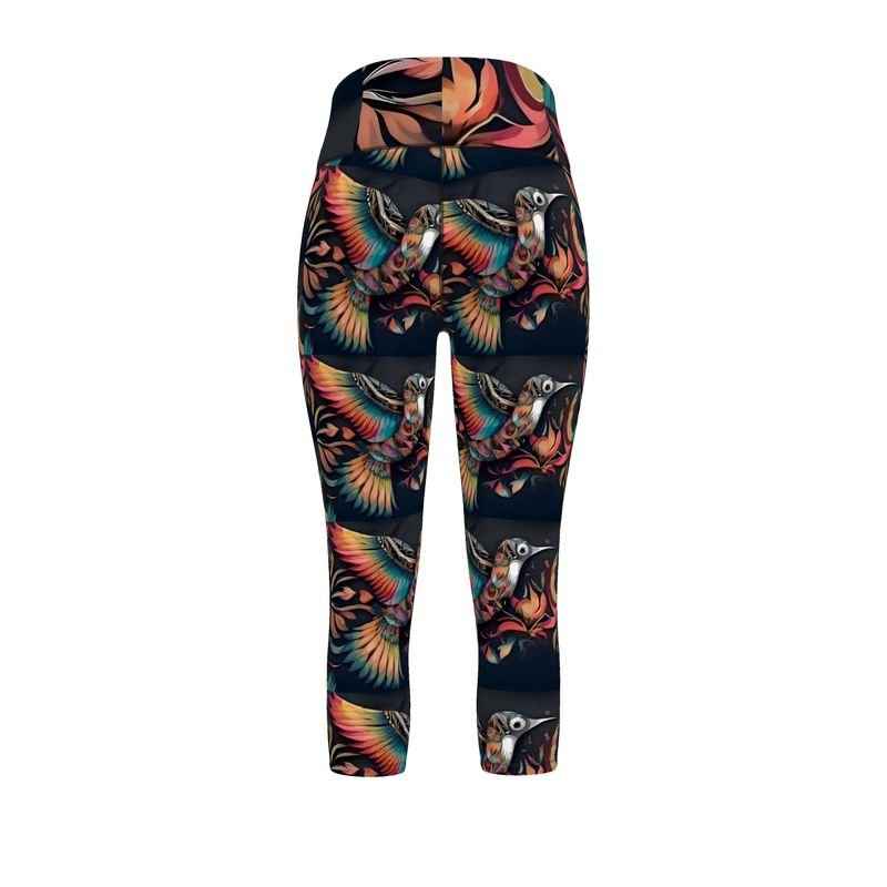Black leggings with all-over bird print on Flex Sport Lycra, fitted athletic style — product detail