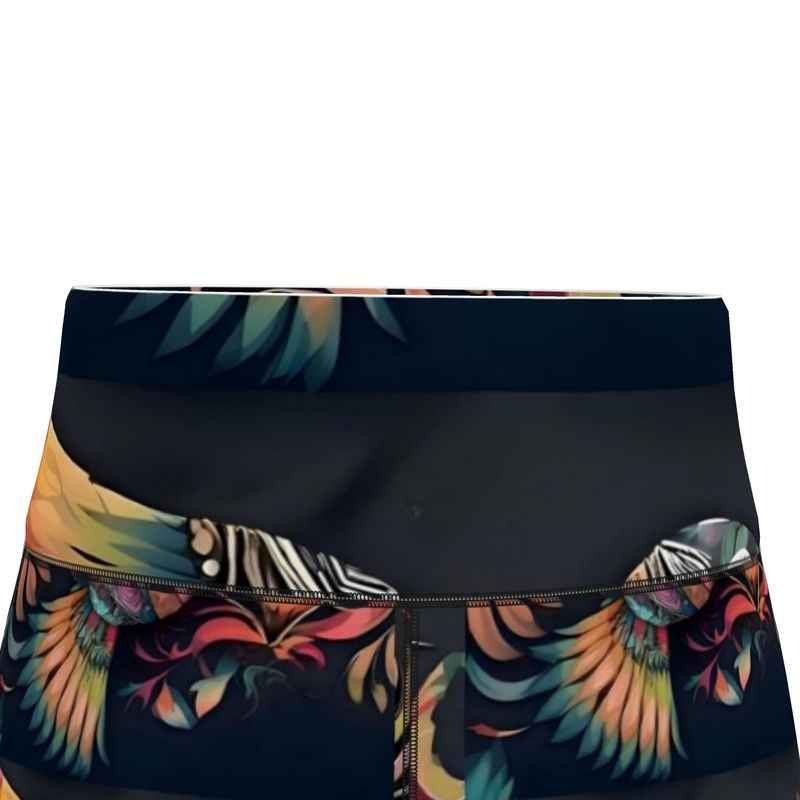 Black leggings with all-over bird print on Flex Sport Lycra, fitted athletic style — rear view