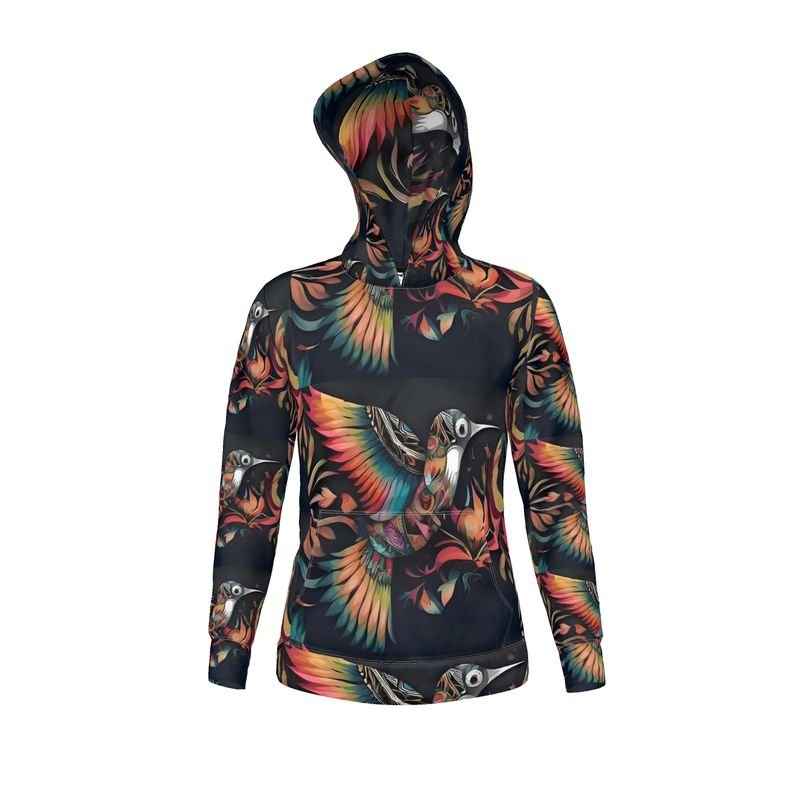 Black hoodie with orange abstract Birdsong print, unisex relaxed-fit polyester
