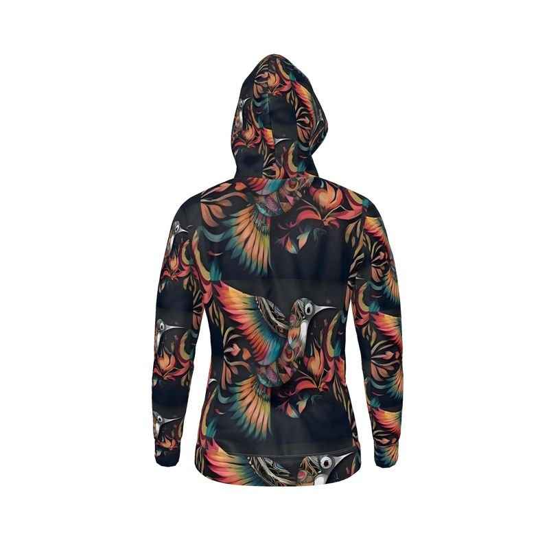 Black hoodie with orange abstract Birdsong print, unisex relaxed-fit polyester — alternate view