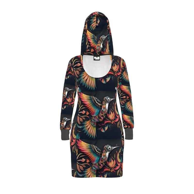 Black hoodie dress with Birdsong orange abstract print, kangaroo pocket and hood drawstrings