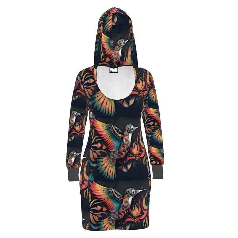Black hoodie dress with Birdsong orange abstract print, kangaroo pocket and hood drawstrings — alternate view
