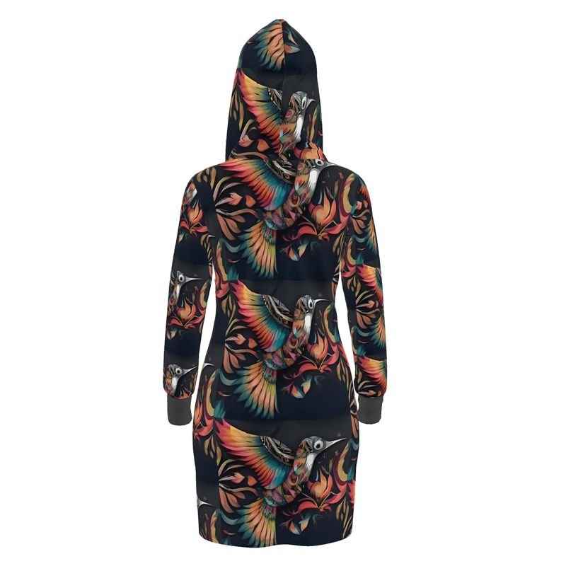 Black hoodie dress with Birdsong orange abstract print, kangaroo pocket and hood drawstrings — product detail