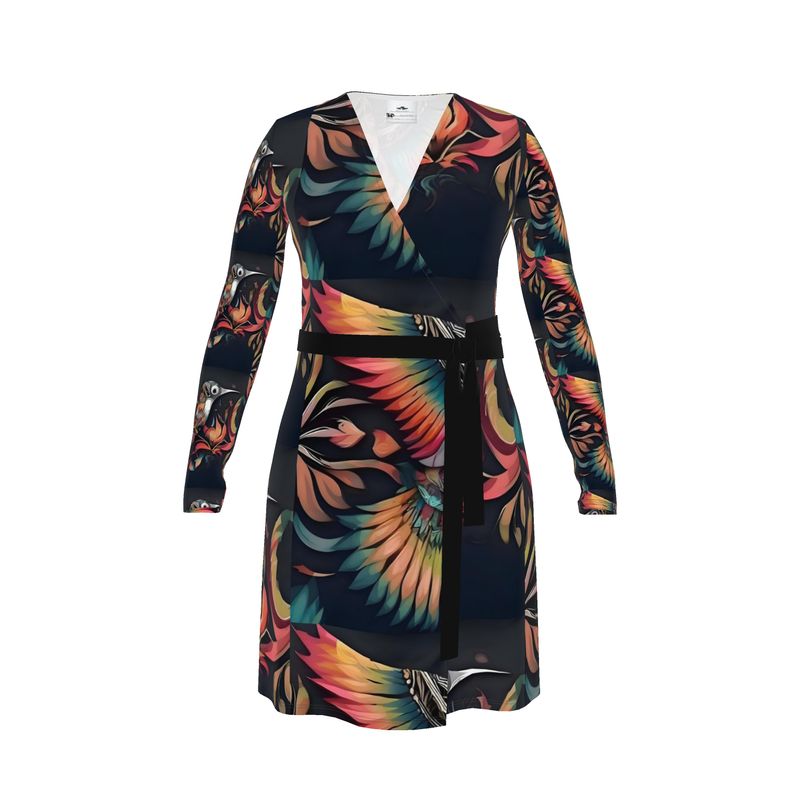 Rich and Rich Birdsong Multicolor Women's Black Wrap Dress