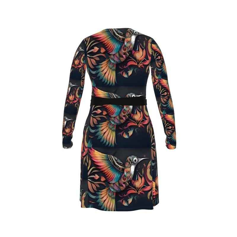 Black wrap dress with multicolor Birdsong print, v-neck and belt tie in jersey fabric — additional view 10