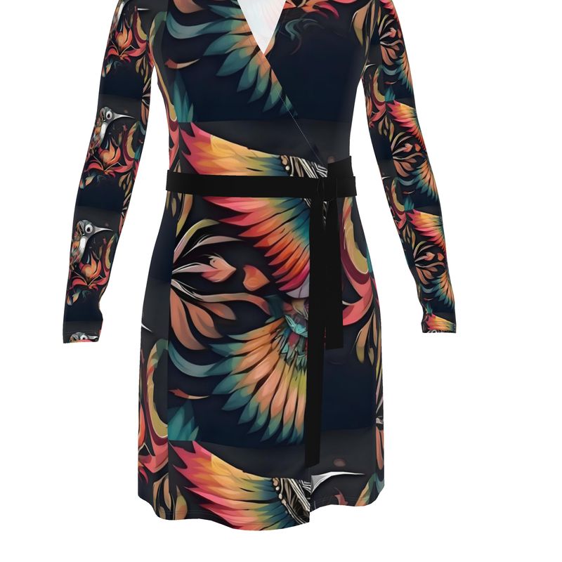 Rich and Rich Birdsong Multicolor Women's Black Wrap Dress