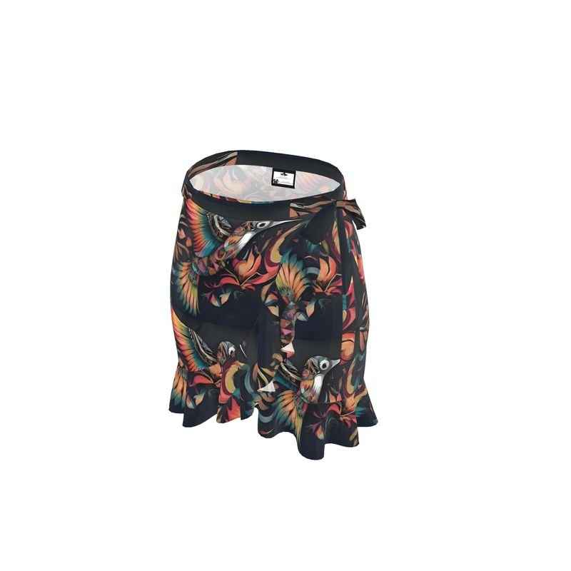Orange abstract flounce wrap skirt with belt tie and flounced hem in poly crepe