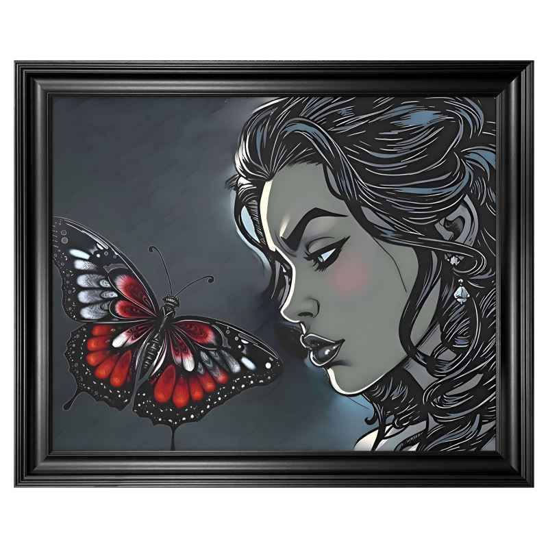 Framed canvas print of black butterfly and caricature figure in swept frame — alternate view