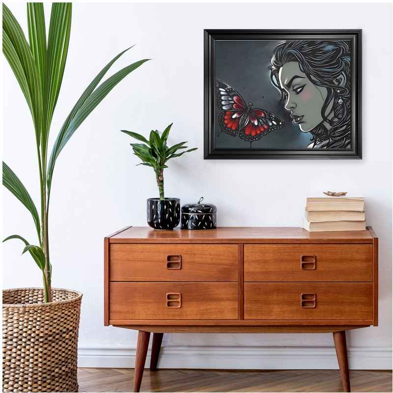 Framed canvas print of black butterfly and caricature figure in swept frame — product detail