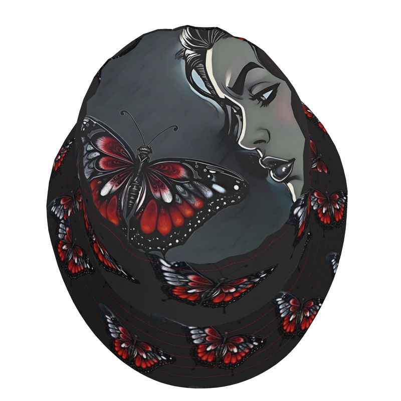 Reversible black bucket hat with butterfly illustration, woven material — alternate view