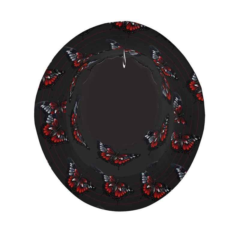 Reversible black bucket hat with butterfly illustration, woven material — product detail