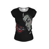 Black relaxed-fit women's t-shirt with butterfly print, scoop neck and cap sleeves