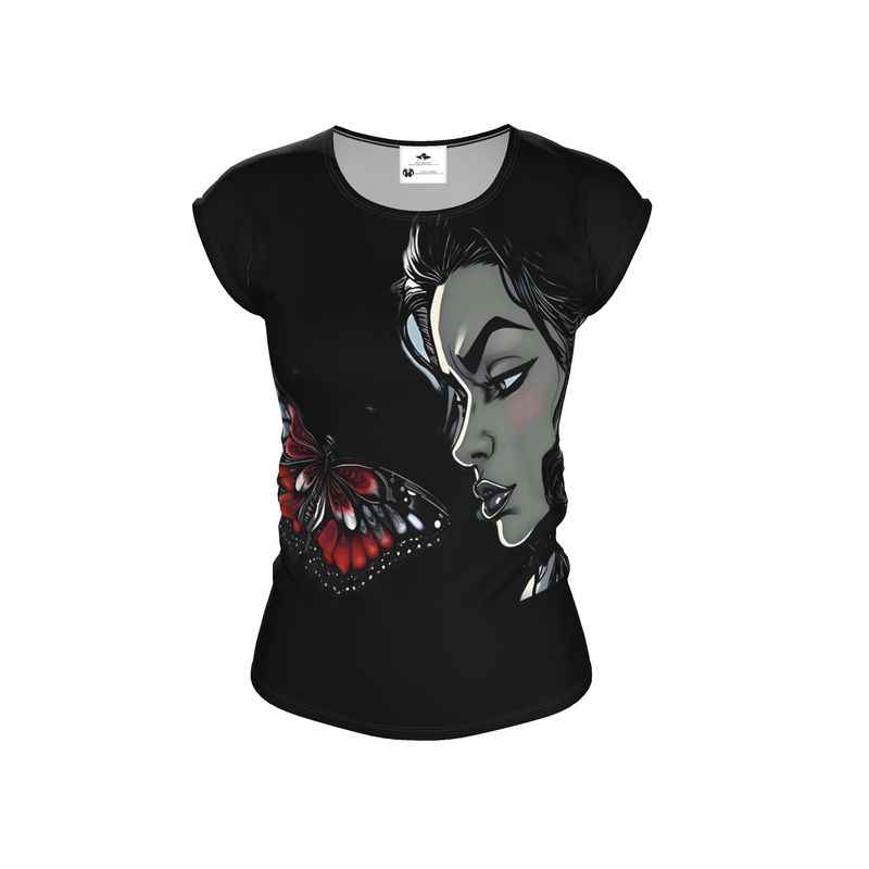 Black relaxed-fit women's t-shirt with butterfly print, scoop neck and cap sleeves — alternate view