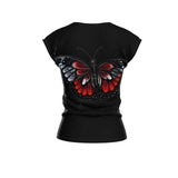 Black relaxed-fit women's t-shirt with butterfly print, scoop neck and cap sleeves — product detail