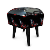Hexagonal black velour footstool with butterfly design, plush upholstery — alternate view