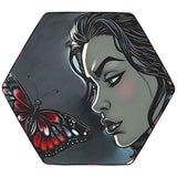Hexagonal black velour footstool with butterfly design, plush upholstery — product detail