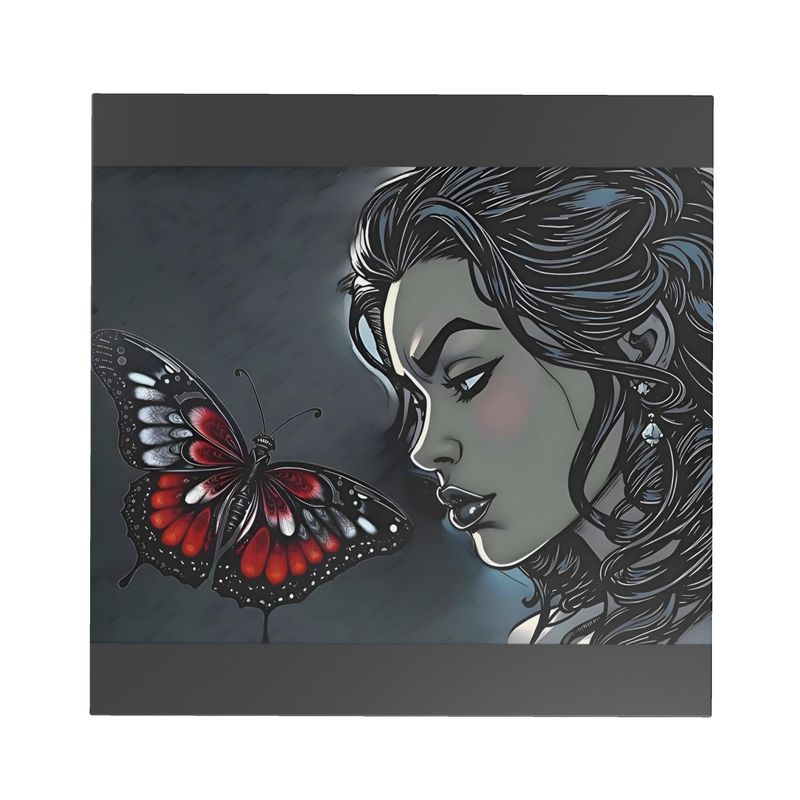 Small side table with artistic butterfly and caricature surface design and slender legs — side view