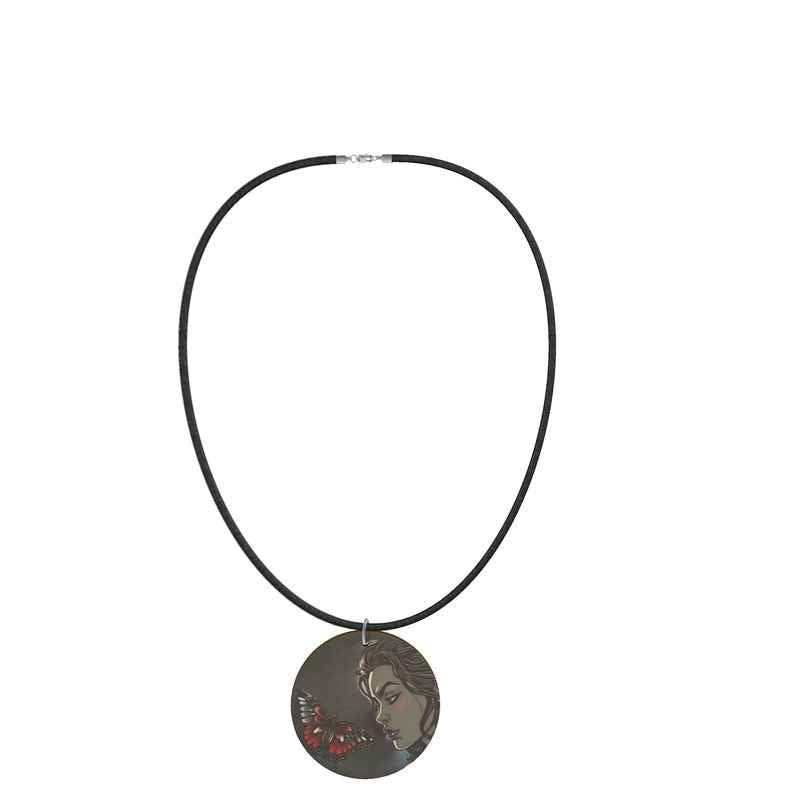 Wooden pendant necklace with graphic design on black faux suede cord and silver clasp — alternate view
